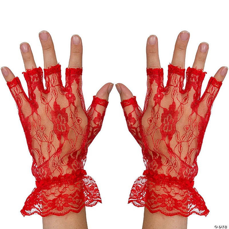 Fingerless Lace Red Gloves - Ladies and Girls Ruffled Lace Finger Free Bridal Wrist Gloves