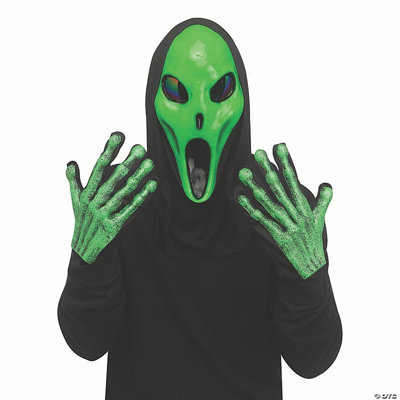 Adults Alien Spawn Green Full Mask with Black Shroud & Green Gloves Set