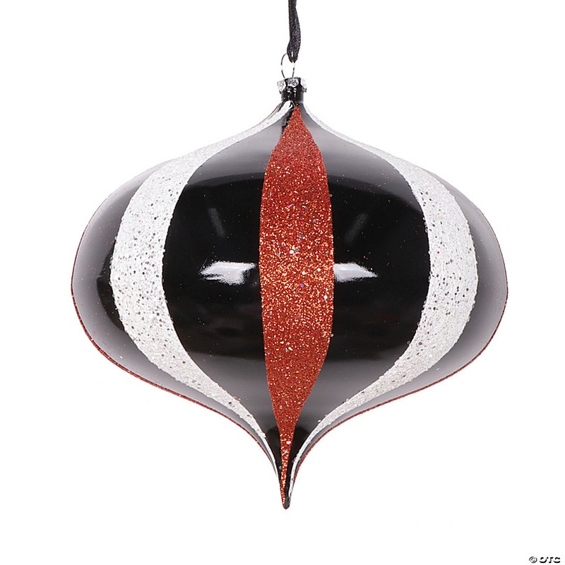 Vickerman Shatterproof 6.3 Black White Orange Onion Shaped Christmas Ornament, 4 per bag