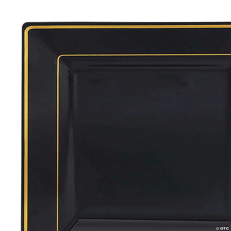 9.5 Black with Gold Square Edge Rim Plastic Dinner Plates (40 Plates)