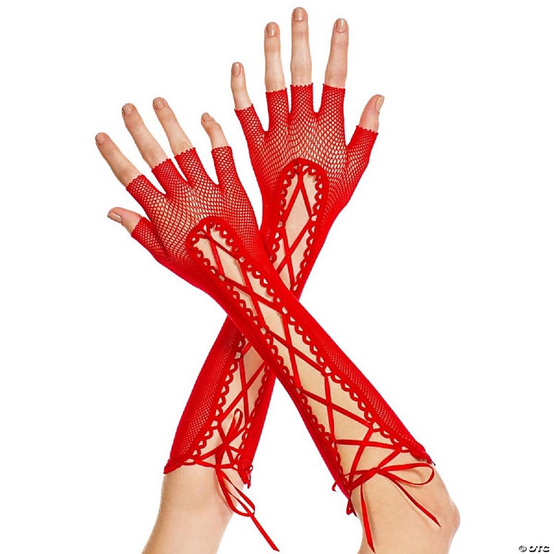 Music Legs 433-RED Fingerless Lace Up Fishnet Elbow Length Warmers Gloves - Red