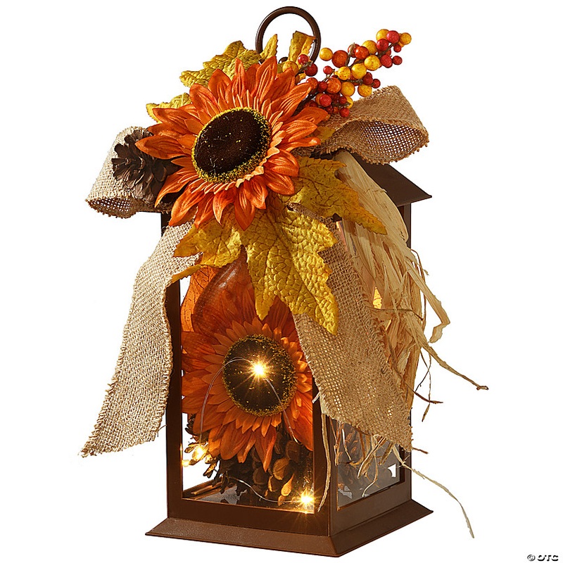 National Tree Company 12 Harvest Lantern with LED Lights, Filled with Sunflower Blooms, Leaves, Pinecones, Berry Clusters