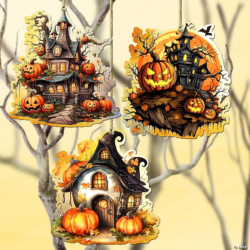Spooky Houses Decorative Wooden Christmas Ornaments of 3 by G. Debrekht