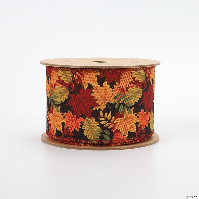 LaRibbons 2 1/2 Wired Ribbon - Maple Leaf Black/Multi - 10 Yard Roll