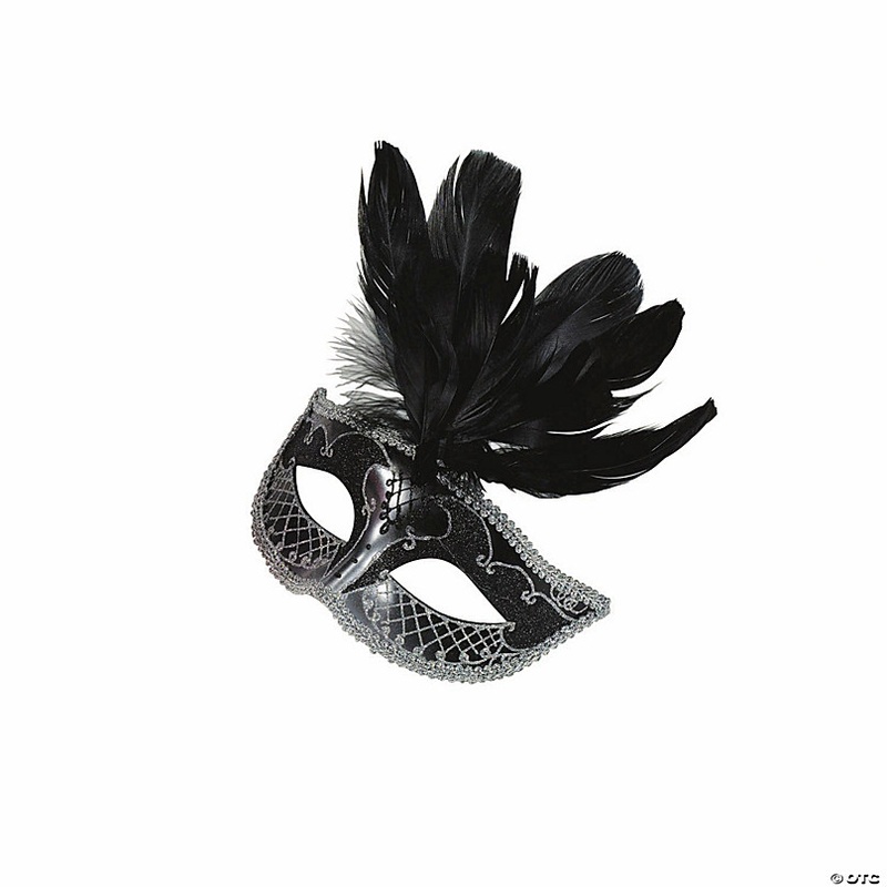 Adults Black Plastic Carnival Mask with Jewel & Feathers - One Size