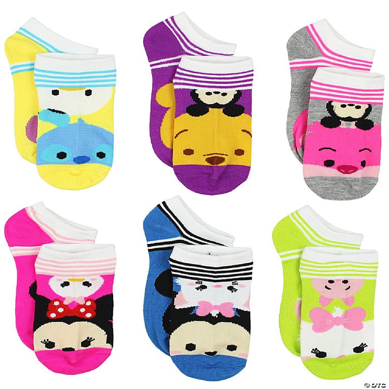 Tsum Tsum Girls Womens 6 pack Socks (Shoe Size: 10-4 (Sock: Medium 6-8), Tsum Tsum Stripes Multi)