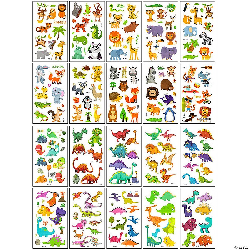 Wrapables Waterproof Temporary Tattoos for Children, 20 sheets, Dinosaurs & Animals