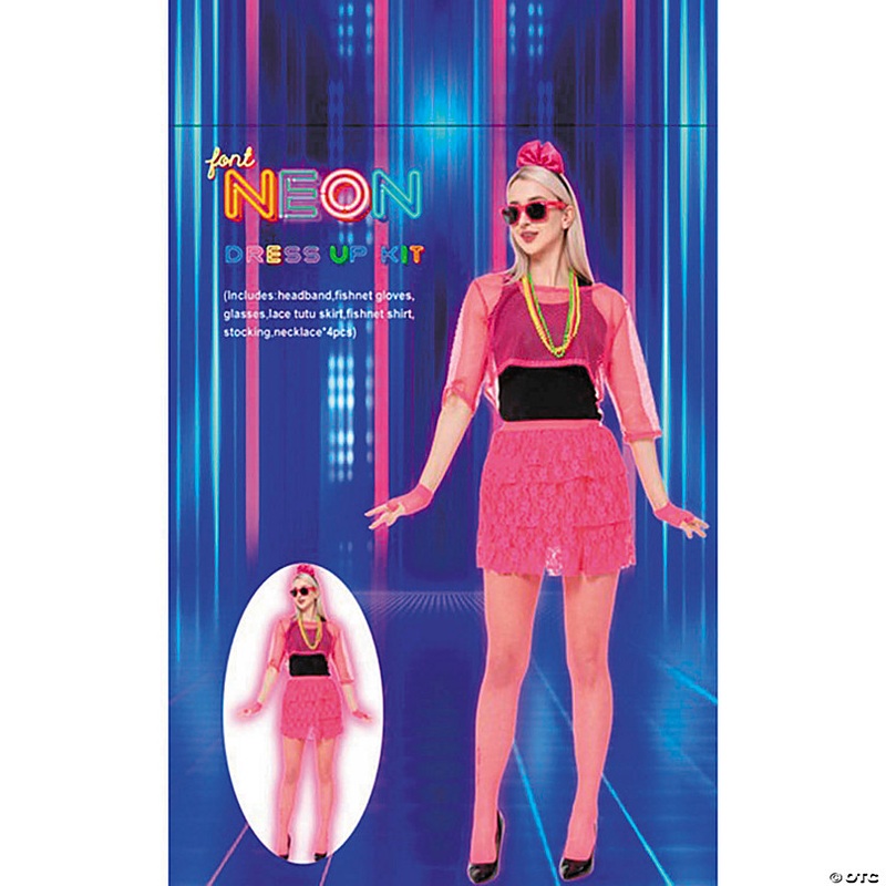 Adults Neon Pink 80's Outfit Costume Accessory Kit - 11 Pc.