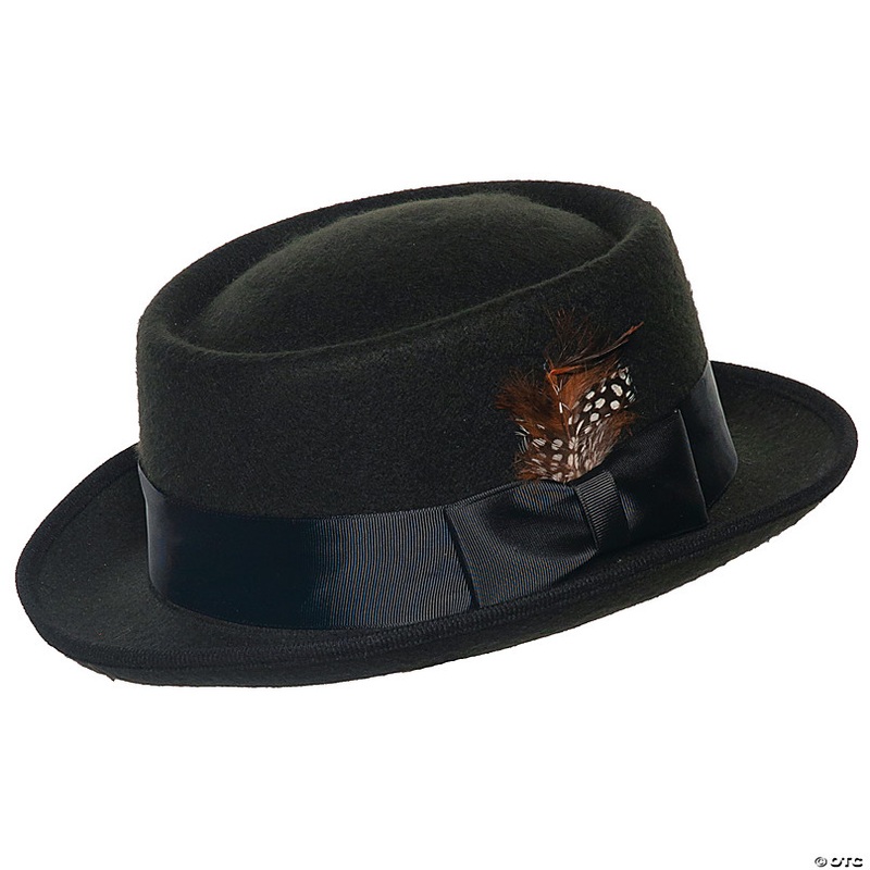 Adults Black Pork Pie Hat with Feather
