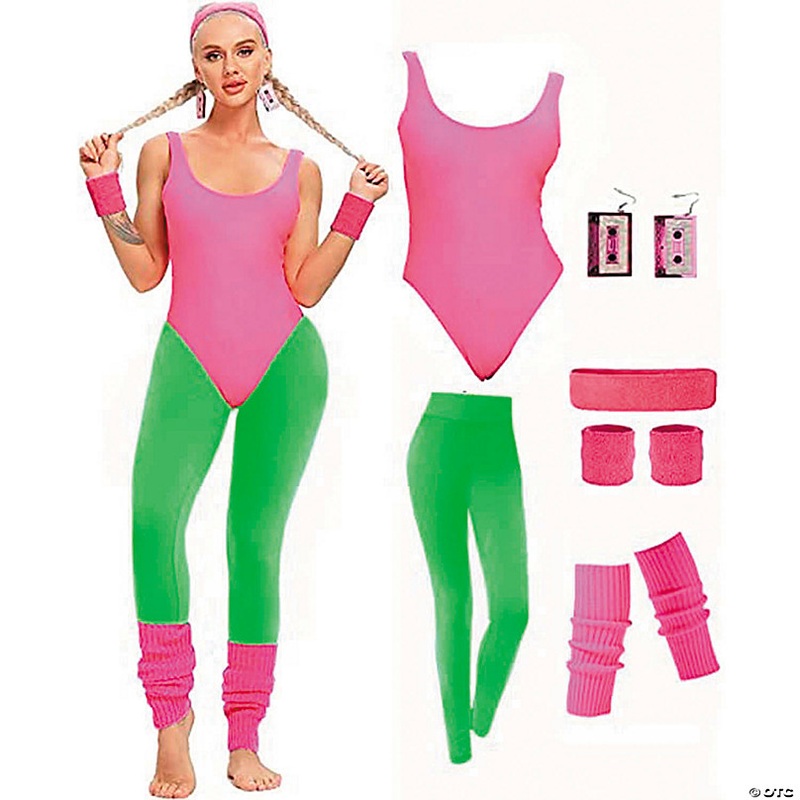 Adults Pink & Neon Green 80's Workout Costume - One Size