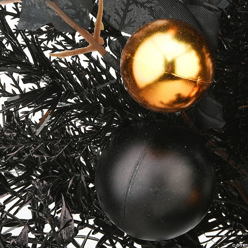 National Tree Company 24 Artificial Wreath, Black, Decorated with Black and Orange Ball Ornaments, Leaves