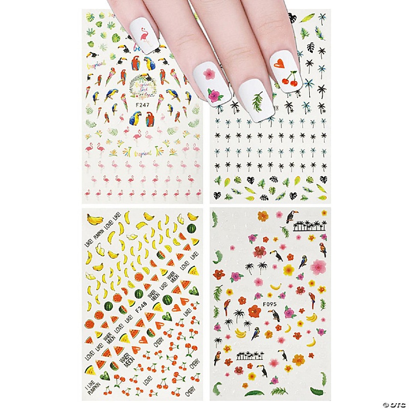 Wrapables 4 Sheets Nail Stickers Nail Art Set - Tropical Paradise Flamingo & Fruit Nail Stickers