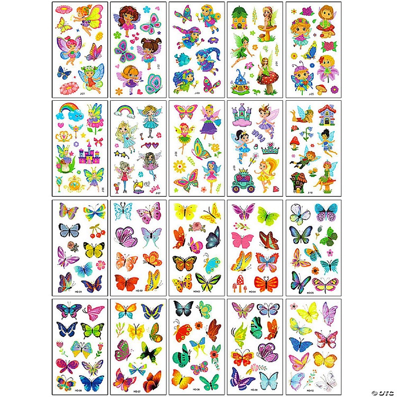 Wrapables Waterproof Temporary Tattoos for Children, 20 sheets, Butterflies & Fairies