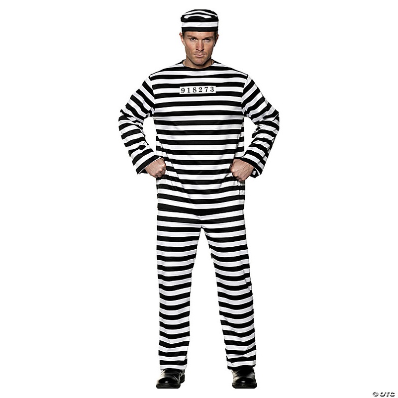 Adults Black & White Stripe Male Convict Jumpsuit Costume