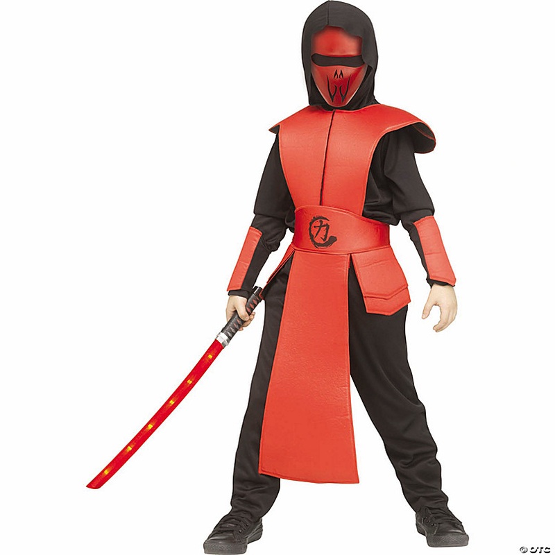 Kids Red & Black Polyester Ninja Guard Costume