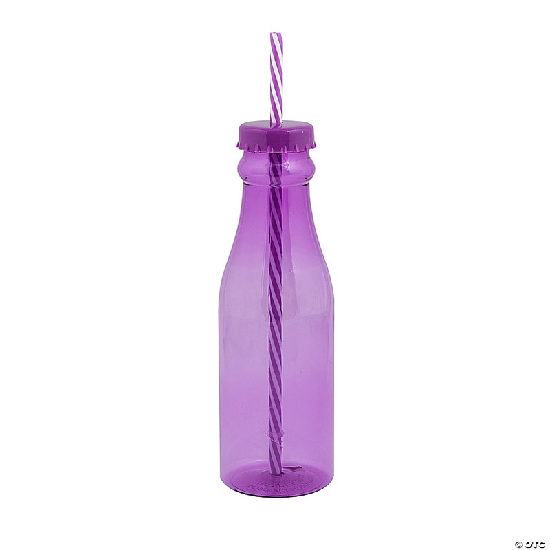 22 oz. Purple Reusable Plastic Drink Bottles with Striped Straw - 12 Pc.