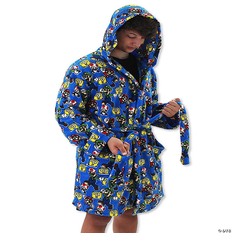 Super Mario Brothers Luigi Toad Adult Plush Hooded Fleece Bathrobe Robe (Large/X-Large, Blue)