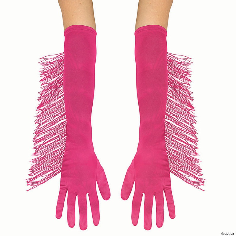 Adults Long Polyester Gloves with Pink Fringe Costume Accessory