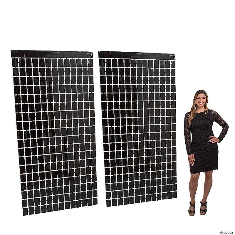 3 Ft. x 78 Bulk 3 Pc. Black Metallic Square Fringe Foil Curtains