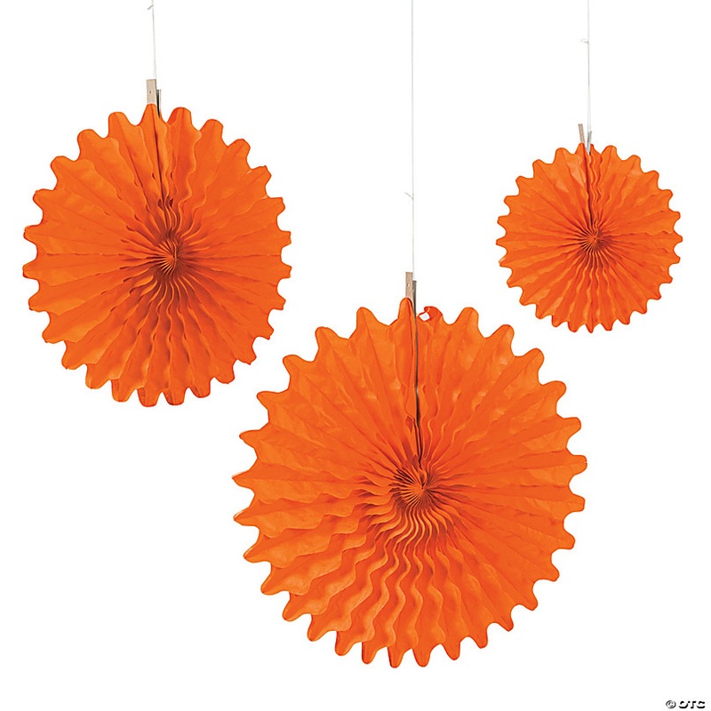 8 - 16 Orange Hanging Paper Fans - 12 Pc.