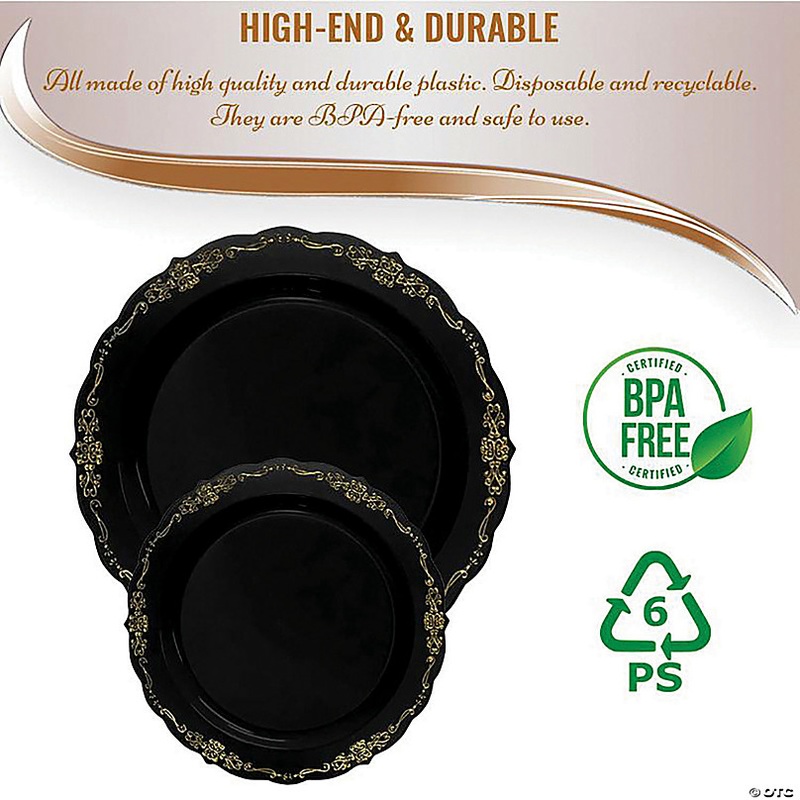 Black with Gold Vintage Rim Round Disposable Plastic Dinnerware Value Set (40 Dinner Plates + 40 Salad Plates)
