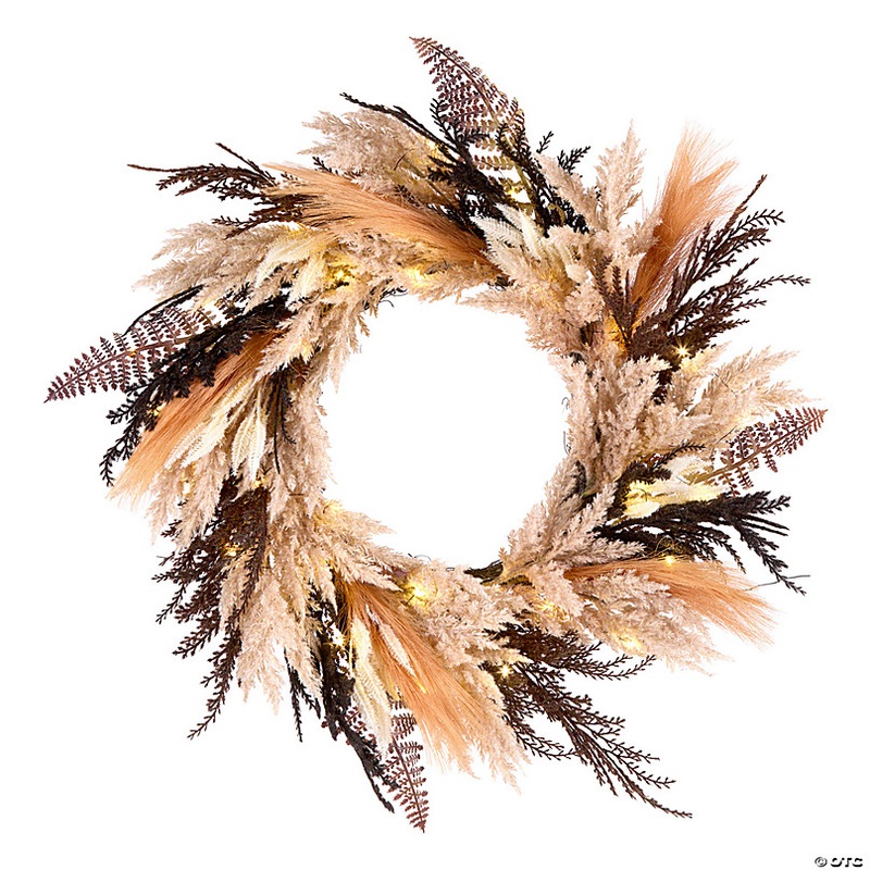 National Tree Company 26 Artificial Orange and Black Pampas Wreath, 30 Warm White LED Lights, Battery Operated