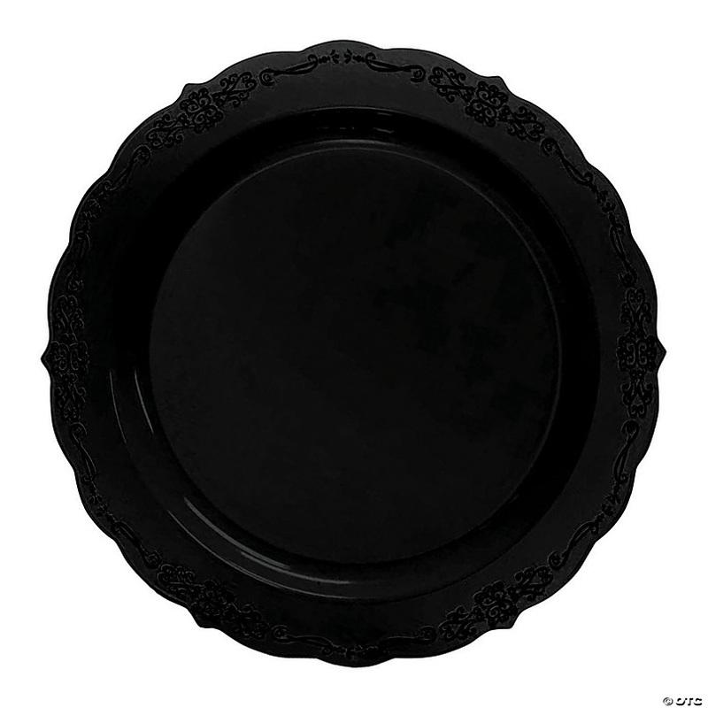 10 Black Vintage Rim Round Disposable Plastic Dinner Plates (50 Plates)