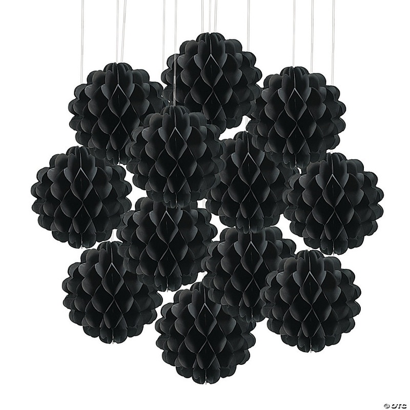 8 Black Hanging Honeycomb Tissue Paper Balls - 12 Pc.