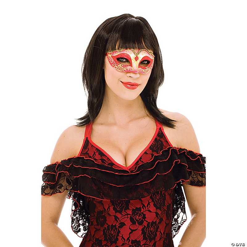 Red & Gold Glitter Masquerade Half Mask - One Size