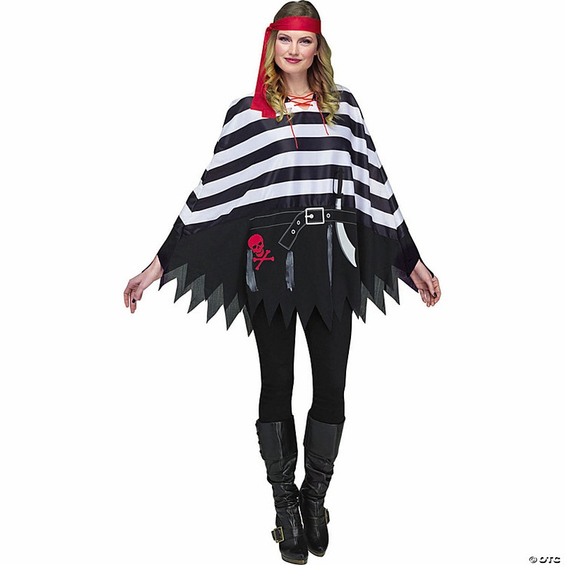 Adults Pirate Black, White & Red Polyester Poncho - One Size
