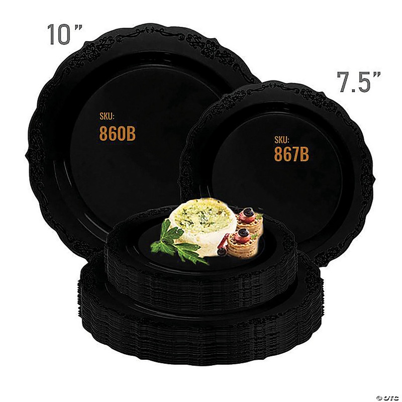 Black Vintage Rim Round Disposable Plastic Dinnerware Value Set (40 Dinner Plates + 40 Salad Plates)