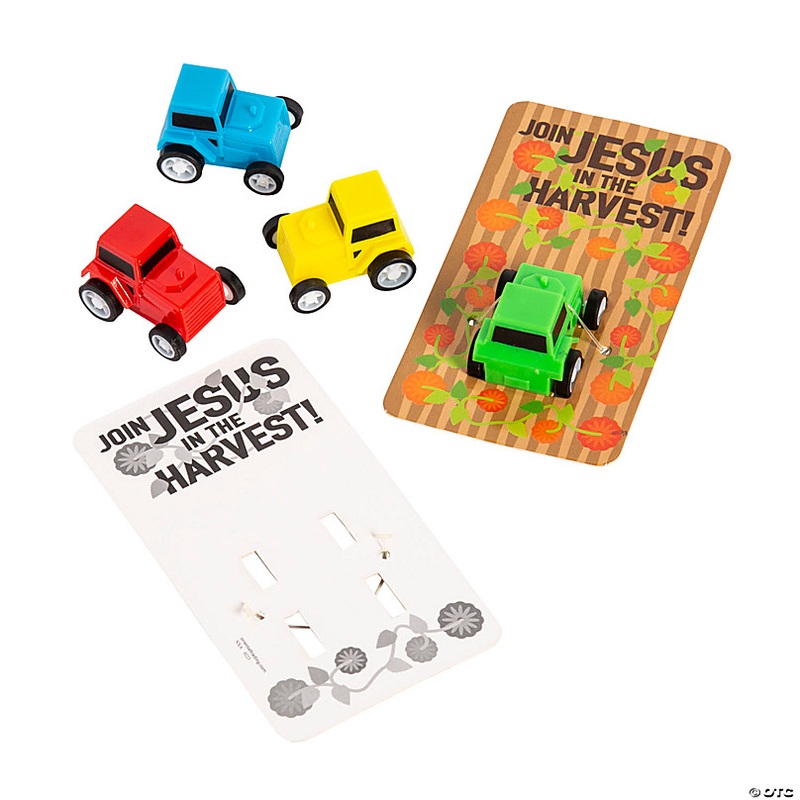 1 1/2 Religious Pull-Back Tractors with Harvest Card for 12