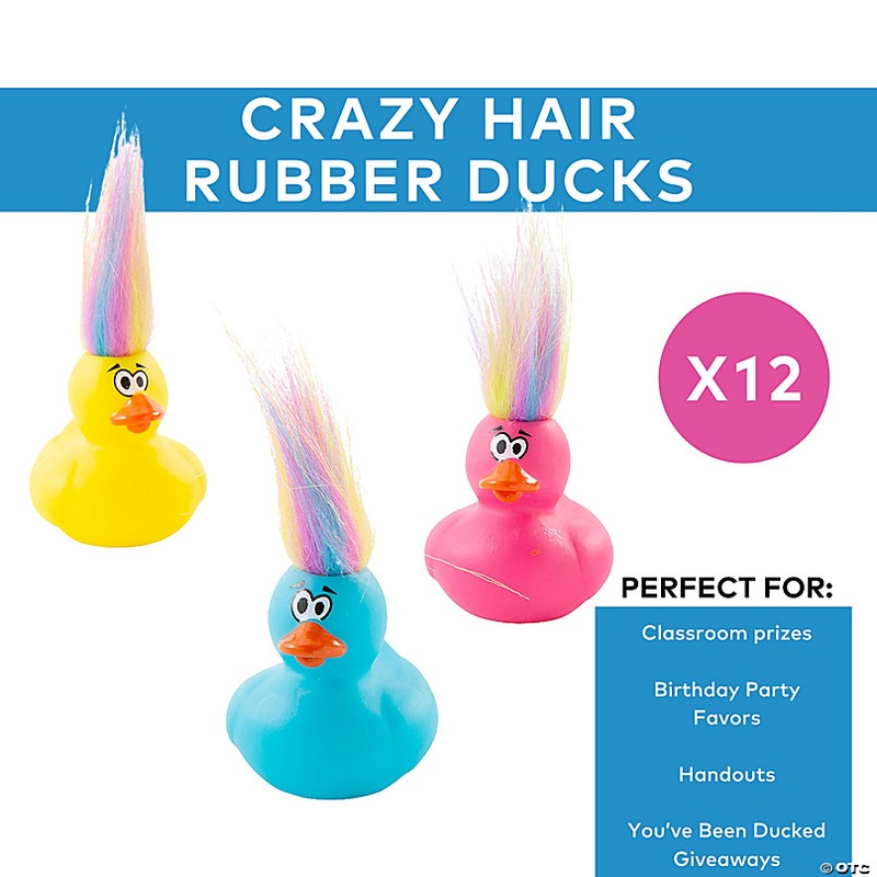2 Multicolored Crazy Hair Bright Rubber Ducks - 12 Pc.