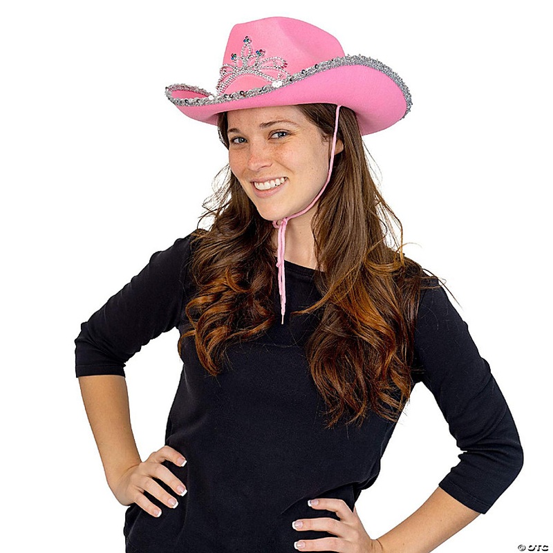 Skeleteen Pink Cowboy Hat - Pink Sequin Cowgirl Princess Hat with Crown Tiara Design