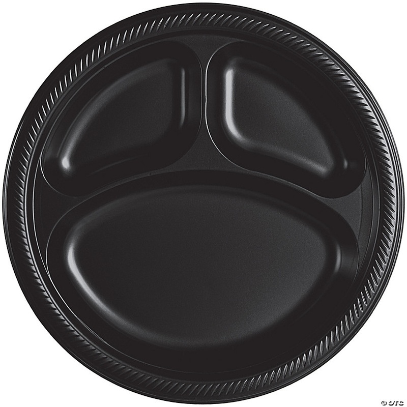 10 Black Disposable Three-Section Round Plastic Dinner Plates - 20 Ct.