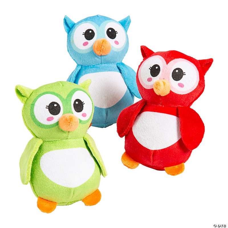 4 1/2 Embroidered Green, Red & Blue Stuffed Owls - 12 Pc.