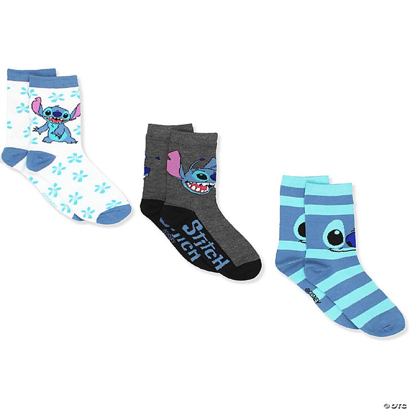 Lilo & Stitch Women's 3 pack Crew Socks (Large (9-11), Stitch White/Blue)