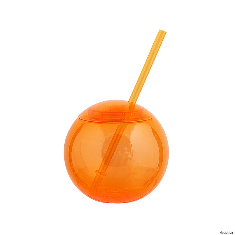 15 oz. Orange Round Reusable Plastic Cups with Lids & Straws - 25 Ct.