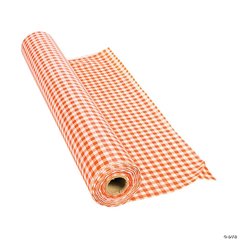 40 x 100 ft. Orange Gingham Disposable Plastic Tablecloth Roll