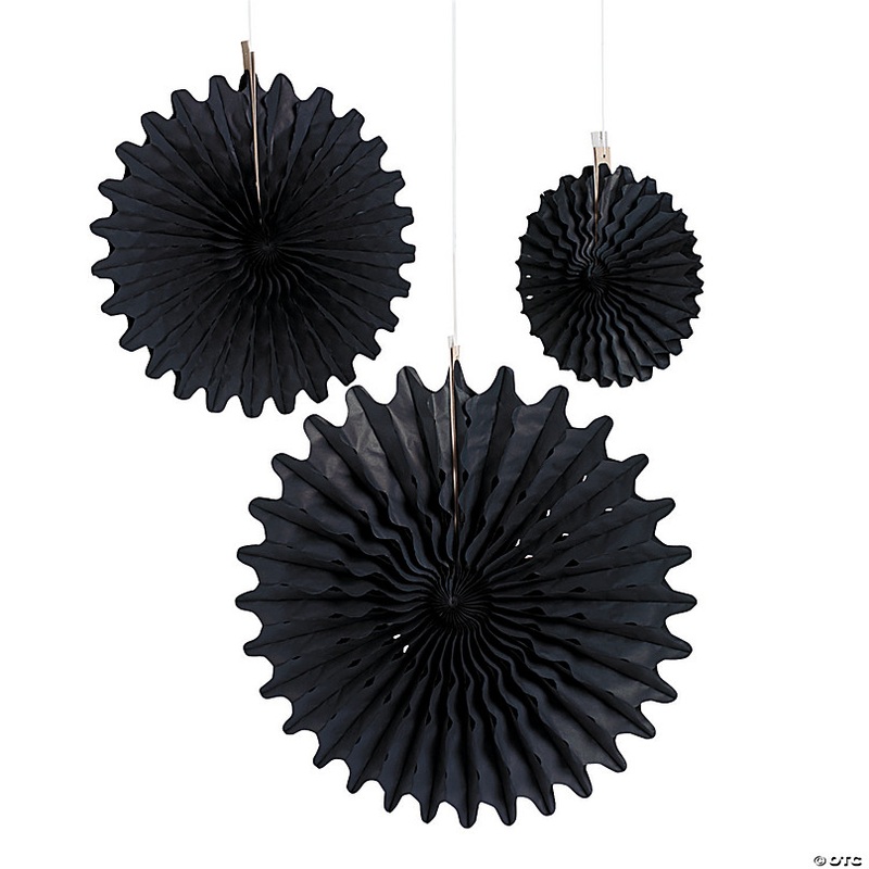 8 - 16 Black Hanging Paper Fans - 12 Pc.