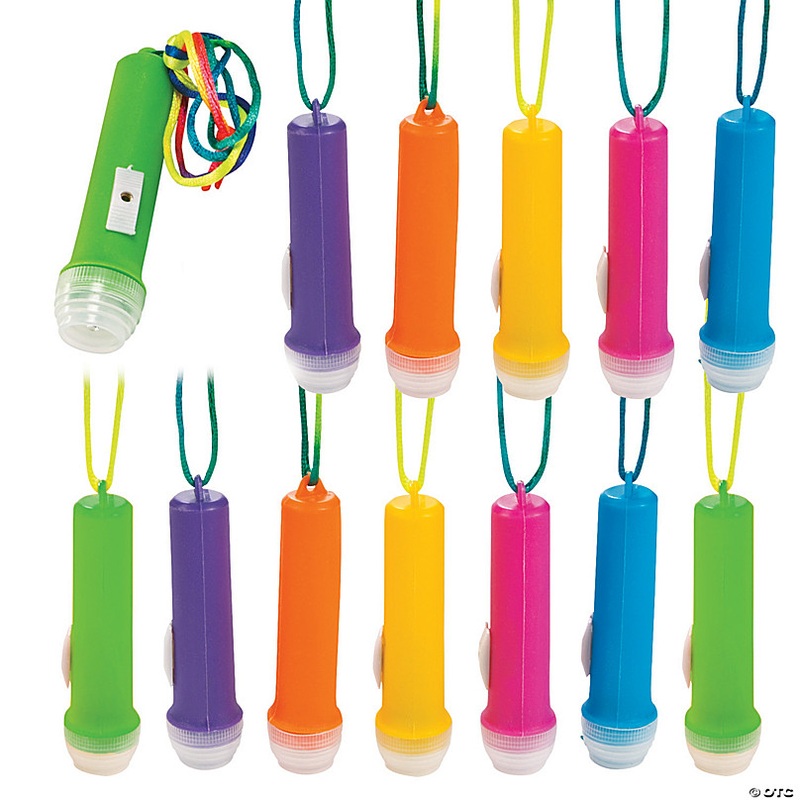 3 1/2 Mini Brightly Colored Flashlights on a Multicolor Rope - 12 Pc.