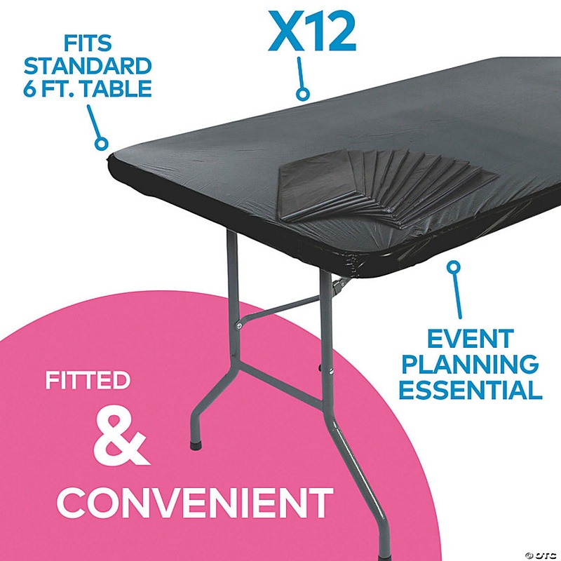 6 ft. Bulk 12 Pc. Black Fitted Rectangle Disposable Plastic Tablecloths