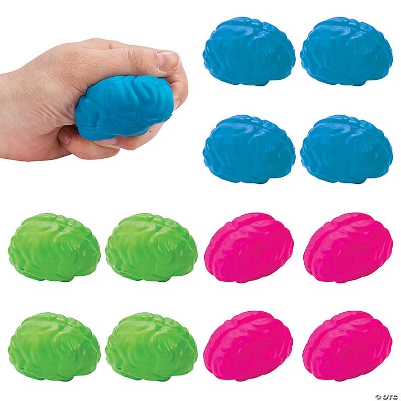 2 1/2 Brain Bright Green, Blue & Pink Foam Stress Toys - 12 Pc.