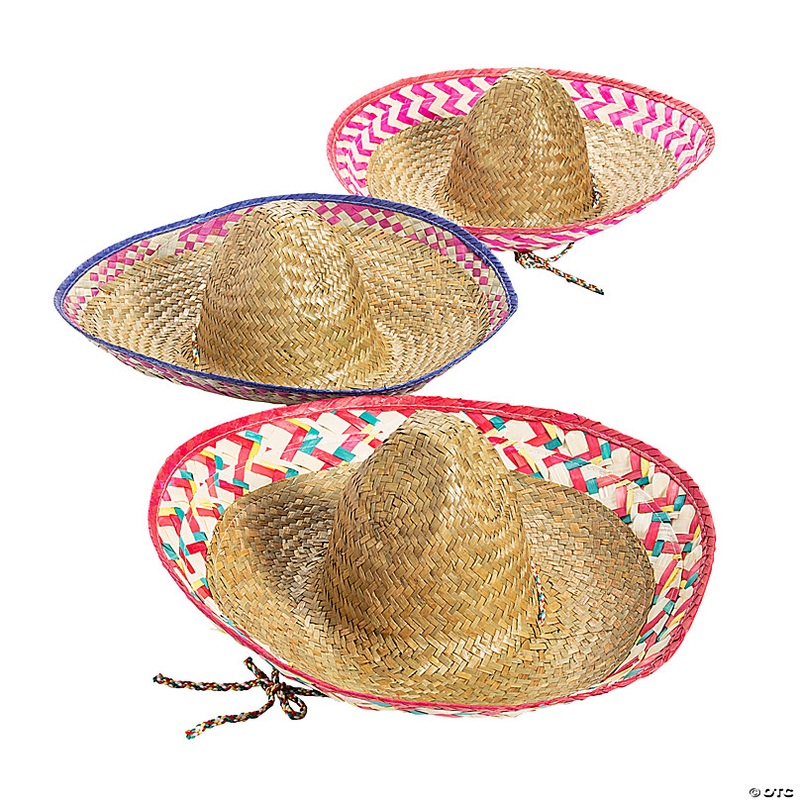 24 Adults Embroidered Patterned Straw Sombreros with Chin Cord - 12 Pc.
