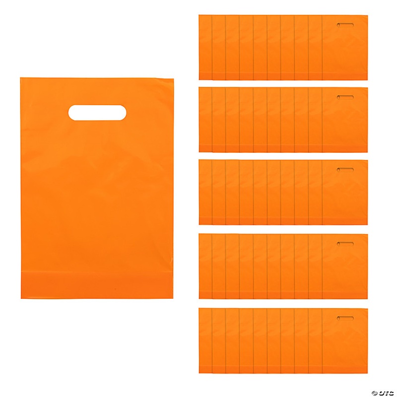 8 1/2 x 12 Bulk 50 Pc. Bright Orange Plastic Goody Bags with Handles