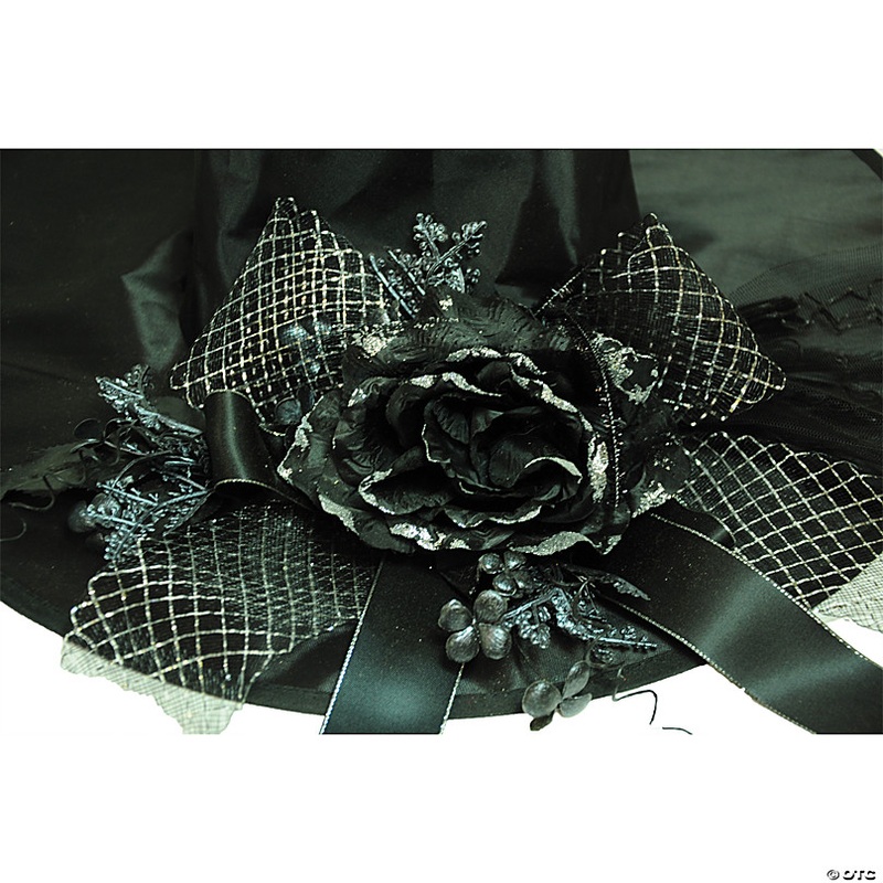 Adults Black Witch Hat with Rose & Ribbon