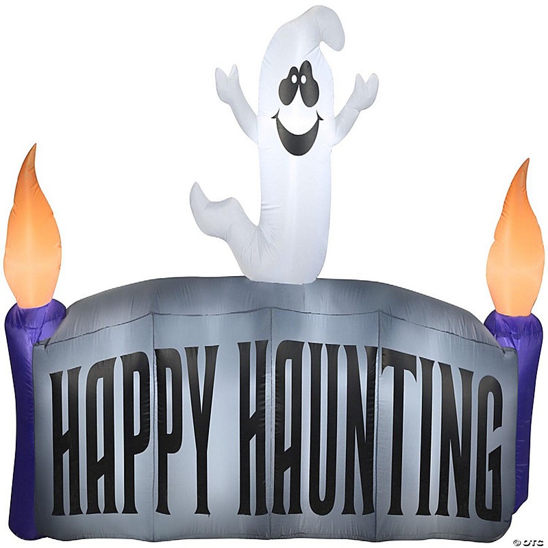 Gemmy Christmas Airblown Inflatable Ghost with Happy Haunting Sign Scene  5 ft Tall  grey