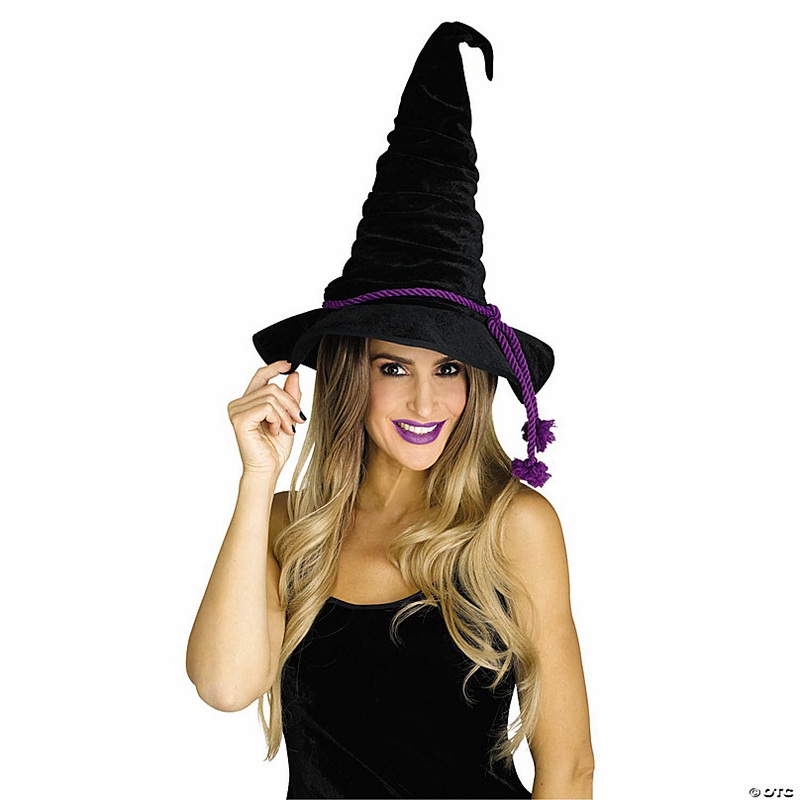Adults Black Velour Witch Hat with Purple Rope - One Size