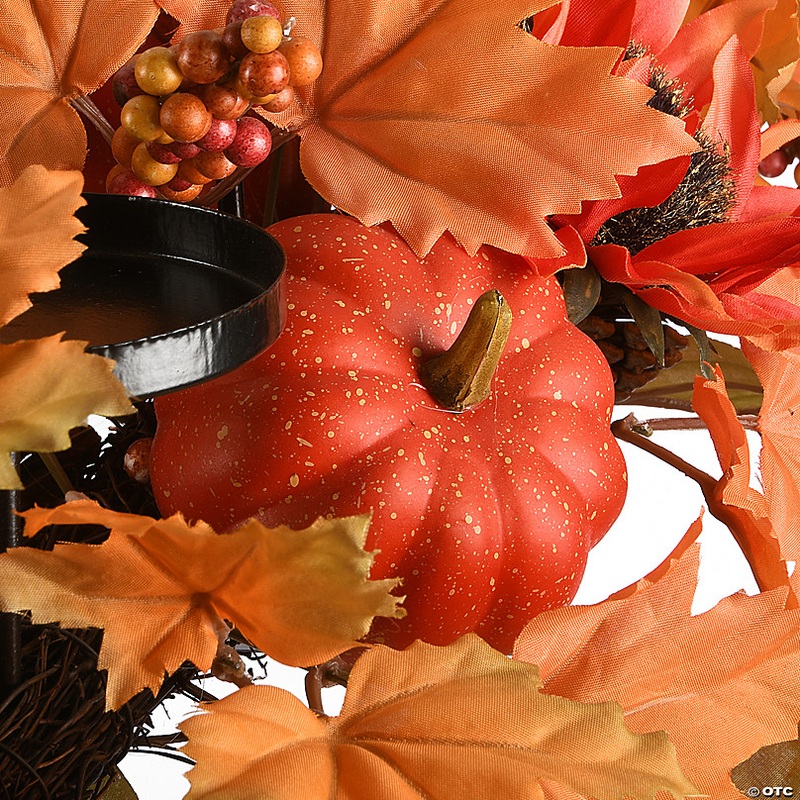National Tree Company 24 Artificial Fall Centerpiece, Three Candle Holders, Decorated with Sunflower Blooms, Pinecones, Berry Clusters, Maple Leaves
