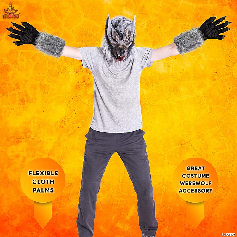 Skeleteen Werewolf Hand Costume Gloves - Grey Hairy Wolf Claw Hands Paws Monster Costume Accessories for Kids and Adults
